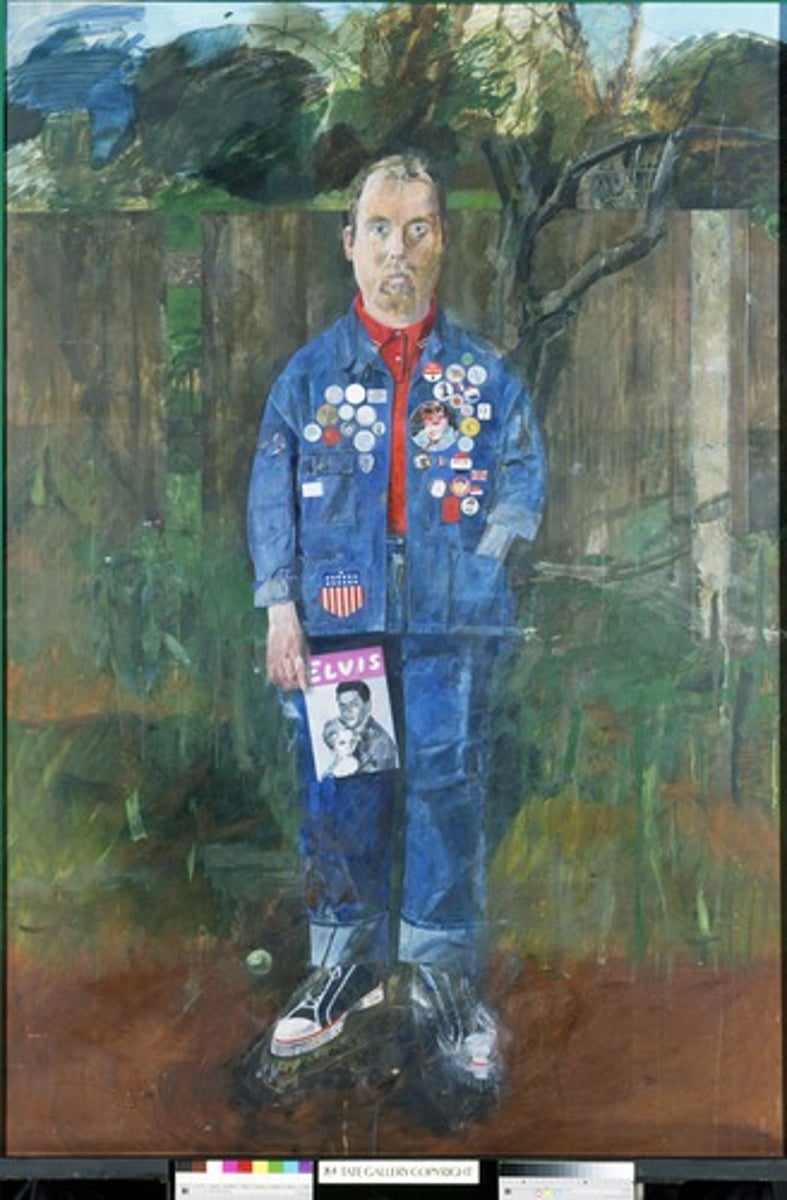 <p>Peter Blake, American culture, old but wearing teenage clothing</p>