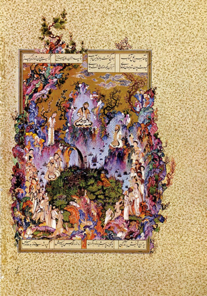 <p>Persia</p><p>Shah Tahmasp's Shanama</p><p>ink, watercolor, gold on paper</p><p>to tell a story/political</p>