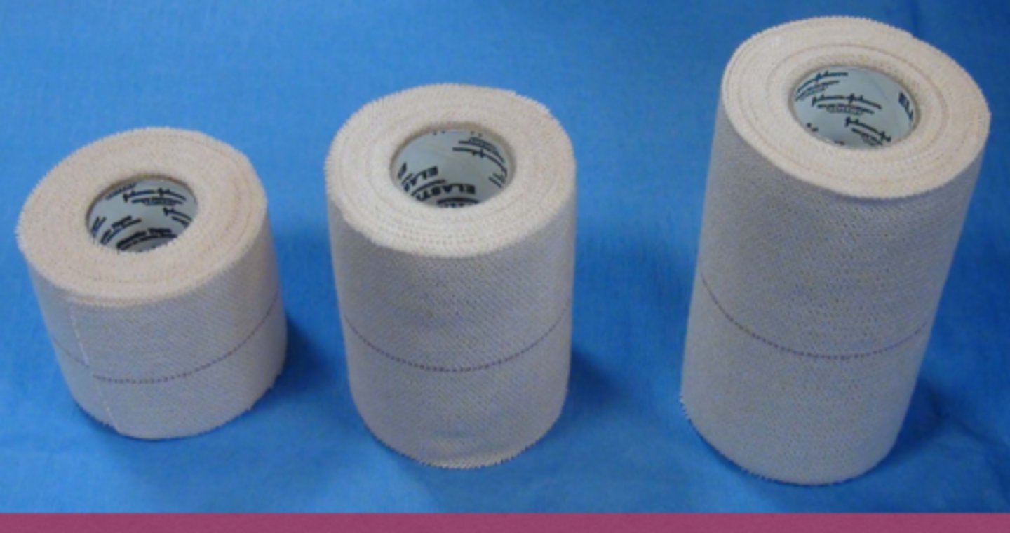 <p>Elastikon is an elastic tape which molds around hard to bandage areas. It can be used to keep a primary layer in place (no pressure applied) but most commonly it is used to maintain pressure around the secondary bandage. It is also used to secure splints over a bandage.</p>