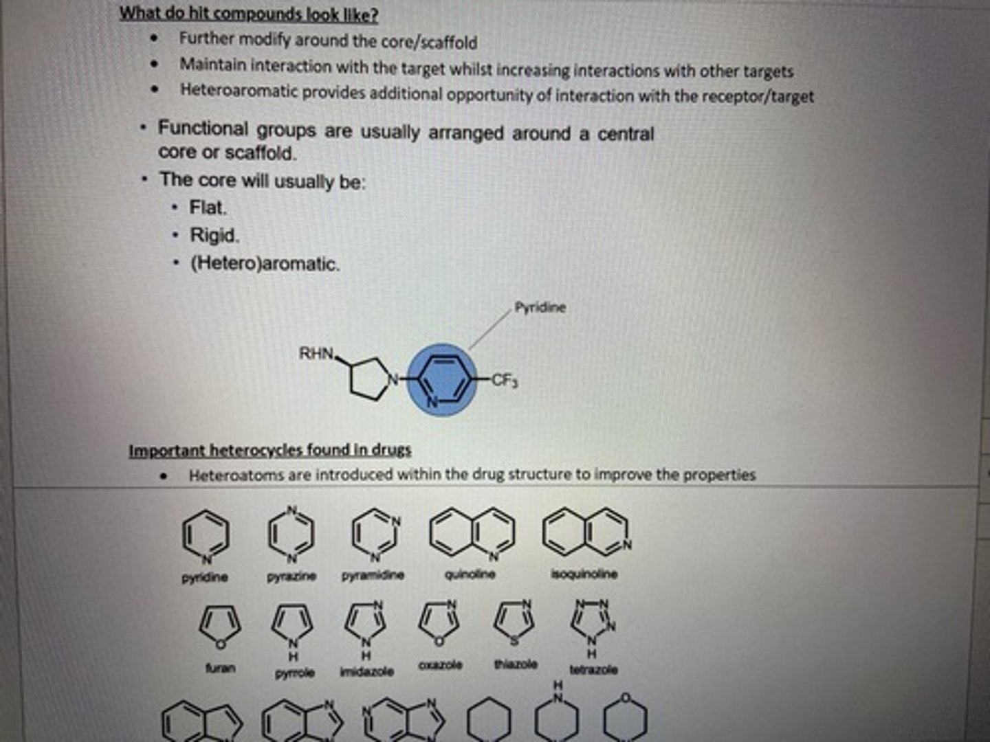 <p>function groups are arranged around flat, rigid, heteroaromatic, small core that allows rapid synthesis of analogues, optimise Log P, solubility etc, template hopping to novel IP</p><p>6 membered ring- pyradine, quinolone</p><p>5 membered ring- imidazole,thiazole</p><p>fused system- purine, indole</p><p>saturated system- piperidine</p>