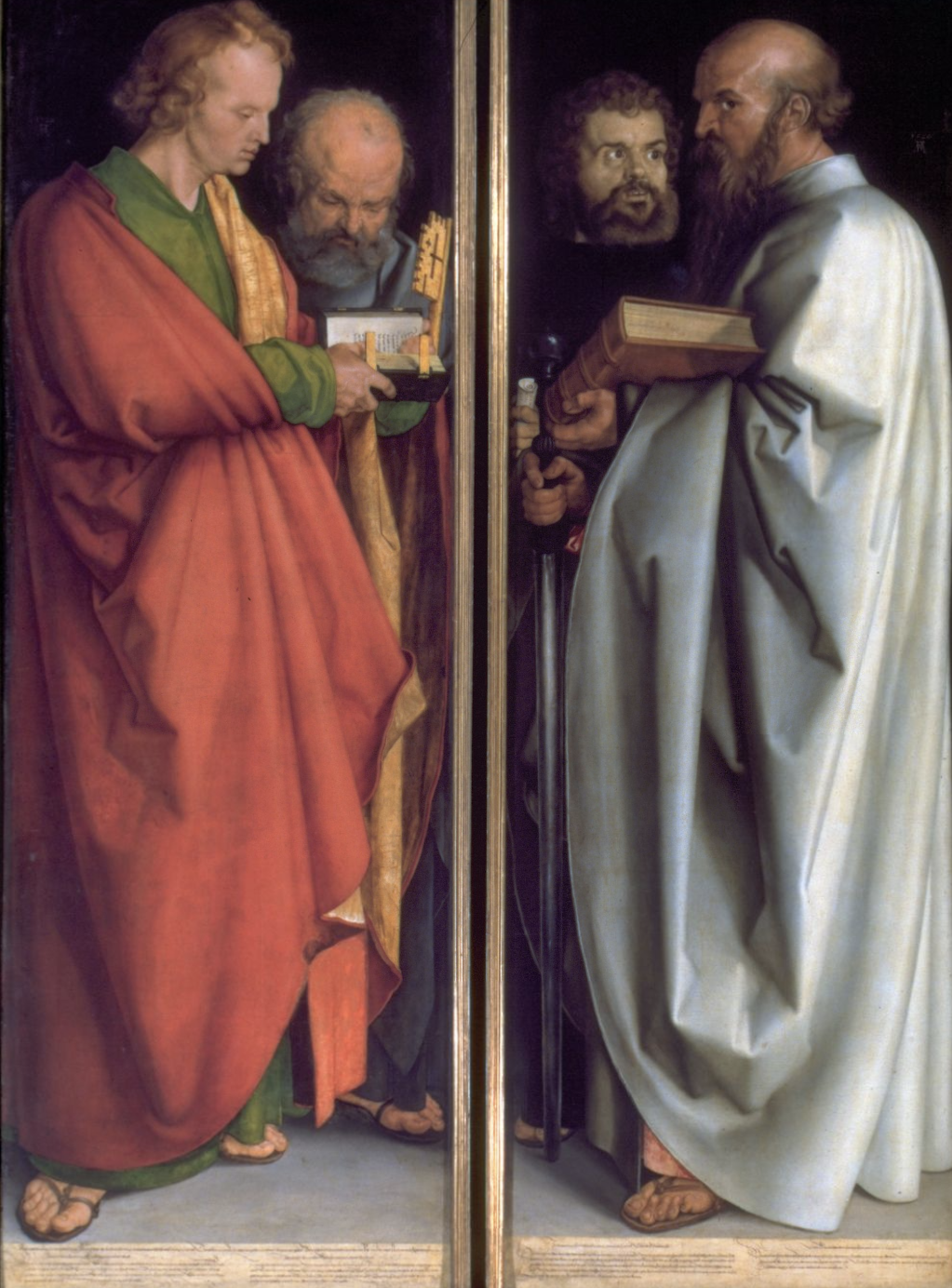 <p>Durer lived in Nuremberg who voted to become Protestant. Seems to be an altar piece but is incomplete (not sure if on purpose). St. Peter is on the left holding the key to heaven but he is in the back and is looking down at St. John holding the bible. The bible in St. John’s hand is open to a page describing how the word of God is most important above all else (Protestant ideal). Martin Luther’s translated passages are on the bottom, he translated the bible so anyone could read it without needing to know Latin and/or go through church officials. These images were not made to be worshipped in a church, instead they were given to Nuremberg city hall</p>