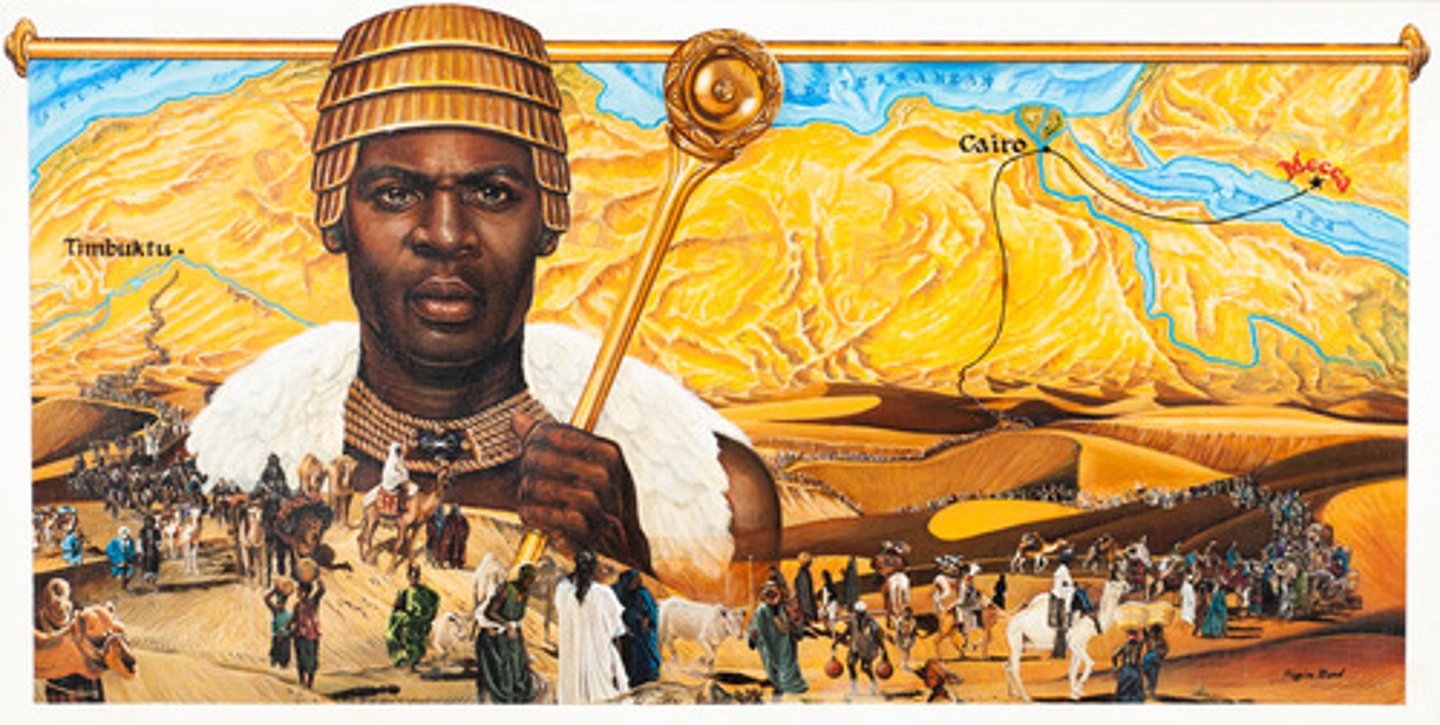 <p>Emperor of the kingdom of Mali in Africa. He made a famous pilgrimage to Mecca and established trade routes to the Middle East. Stressed learning and spread Islam.</p>