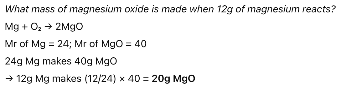 <ol><li><p>Write balanced equation</p></li><li><p>Use given mass + relative formula mass <span>→ find how many ‘parts’ of a substance are reacting</span></p></li><li><p>Use ratio from equation to find unknown mass</p></li></ol><p></p>