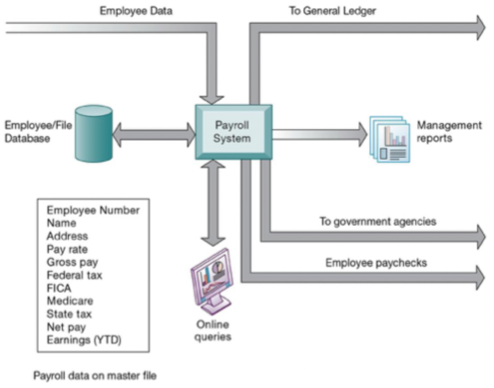 <p>Transaction processing system</p><p>Collects data &amp; connects it to existing info in database</p><p>Eg. Payroll, order processing, material resoruce planning system, general ledger</p>