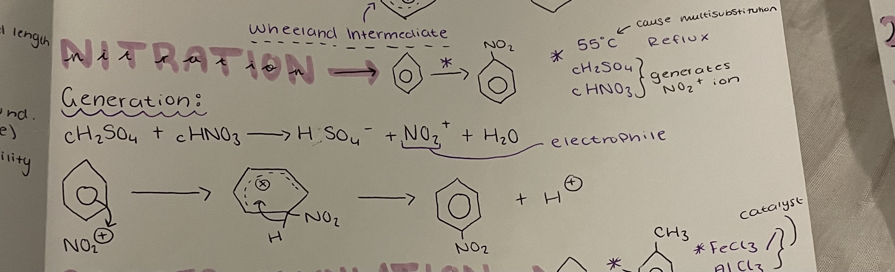 <p>Nitration </p><p>55°C,  Reflux , cH2SO4 + cHNO3 generates NO2+ ion</p><p>Generation: cH2SO4 + cHNO3 → HSO4^- + NO2^+ + H2O</p>