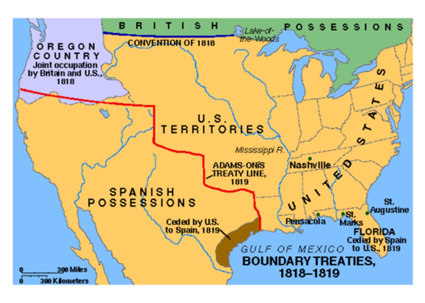 <p>1818. Treaty between Britain and America after the War of 1812, it allowed the Americans to share the Newfoundland fisheries with Canada, and gave both countries a joint occupation of the Oregon Territory for the next 10 years. 42 was U.S border, and 42-49th parallel was jointly owned.</p>