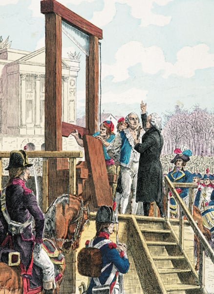 <p>a device used for executions during the French Revolution. It became a symbol of the Reign of Terror, where thousands of individuals, including King Louis XVI and Marie Antoinette, were executed.</p>