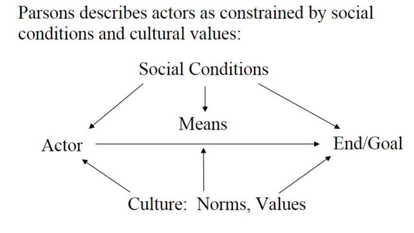 <p>actors are constrained by social conditions and cultural values</p><p>acts are not individual; they are very social</p>