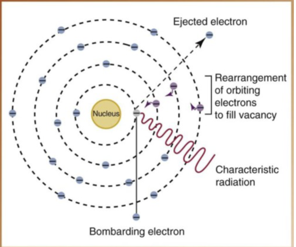 <p><span style="color: rgb(255, 255, 255);"><span>Occurs when the filament electron hits and dislodges an inner shell of the target</span></span><span style="color: rgb(255, 255, 255);"><br></span><span style="color: rgb(255, 255, 255);"><span>– Outer shell electron drops into hole to fill the vacancy</span></span><span style="color: rgb(255, 255, 255);"><br></span><span style="color: rgb(255, 255, 255);"><span>– As the electron move from one shell to another it releases photon energy</span></span></p>