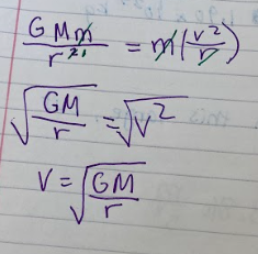 1. get rid of m and 1 r 
2. square root both sides 