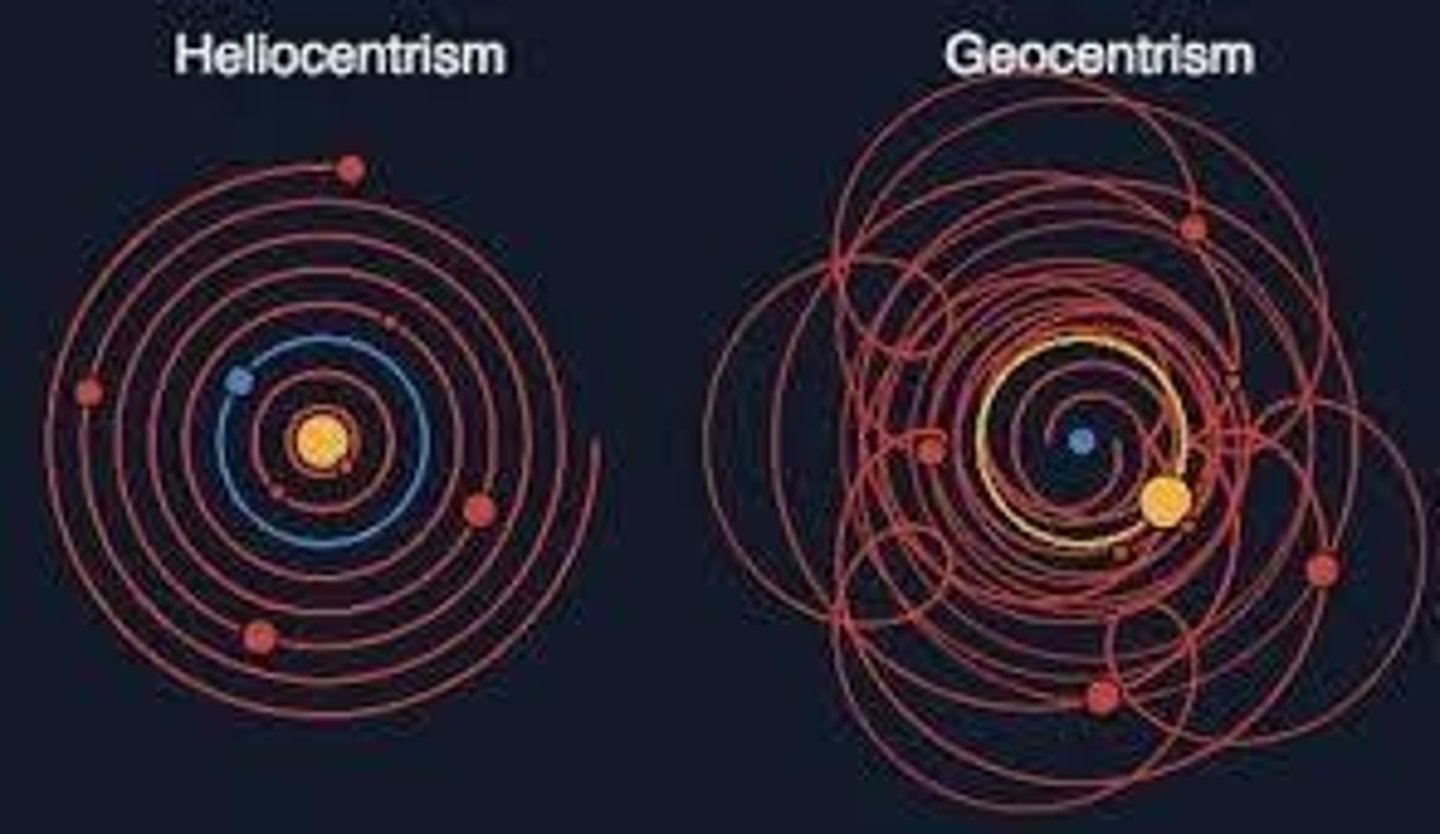<p>The concept that the sun is at the center of the universe, which first emerged in Ancient Greece.</p>