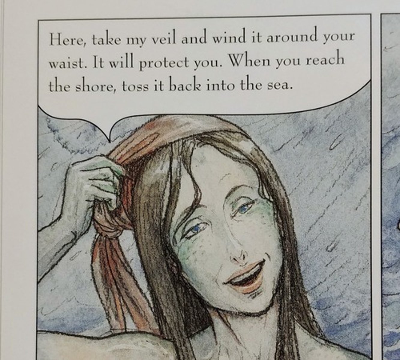 <p>Mermaid that saves Odysseus with her veil after Poseidon capsizes his ship.</p>