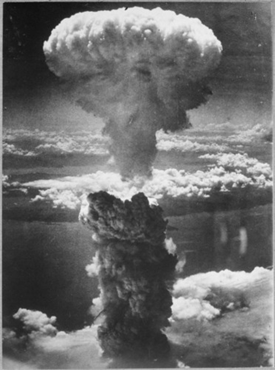 <p>weapons of mass destruction that cause radiation and physical damage - developed by U.S. in 1945, used on Hiroshima and Nagasaki. Developed in 1949 by the U.S.S.R. (The Soviet Union).</p>