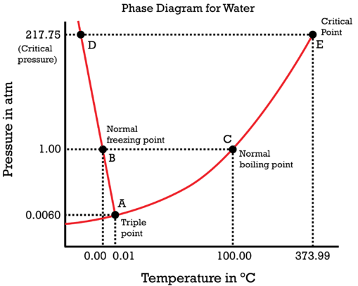<p>Describes behaviour/states of pure water according to temp and pressure </p><p>Triple pt (below 1atm): all three phases at equilibrium </p><ul><li><p>below triple pt no liquid </p></li></ul><p></p>