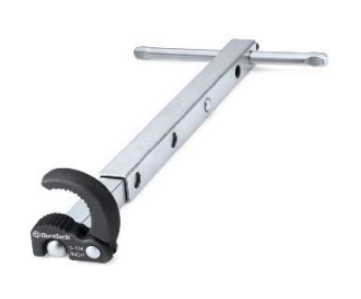 <p>A basin wrench is designed for working in tight spaces, particularly under sinks and behind toilets. It has a long, slender handle with a swiveling jaw that grips the nuts holding faucets in place. Use it to reach and tighten or loosen these nuts without disassembling the entire fixture.</p>