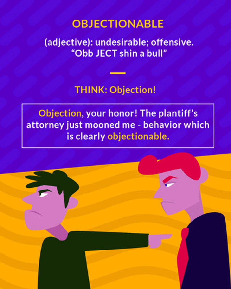 <p>(adj.) offensive; arousing disapproval</p>