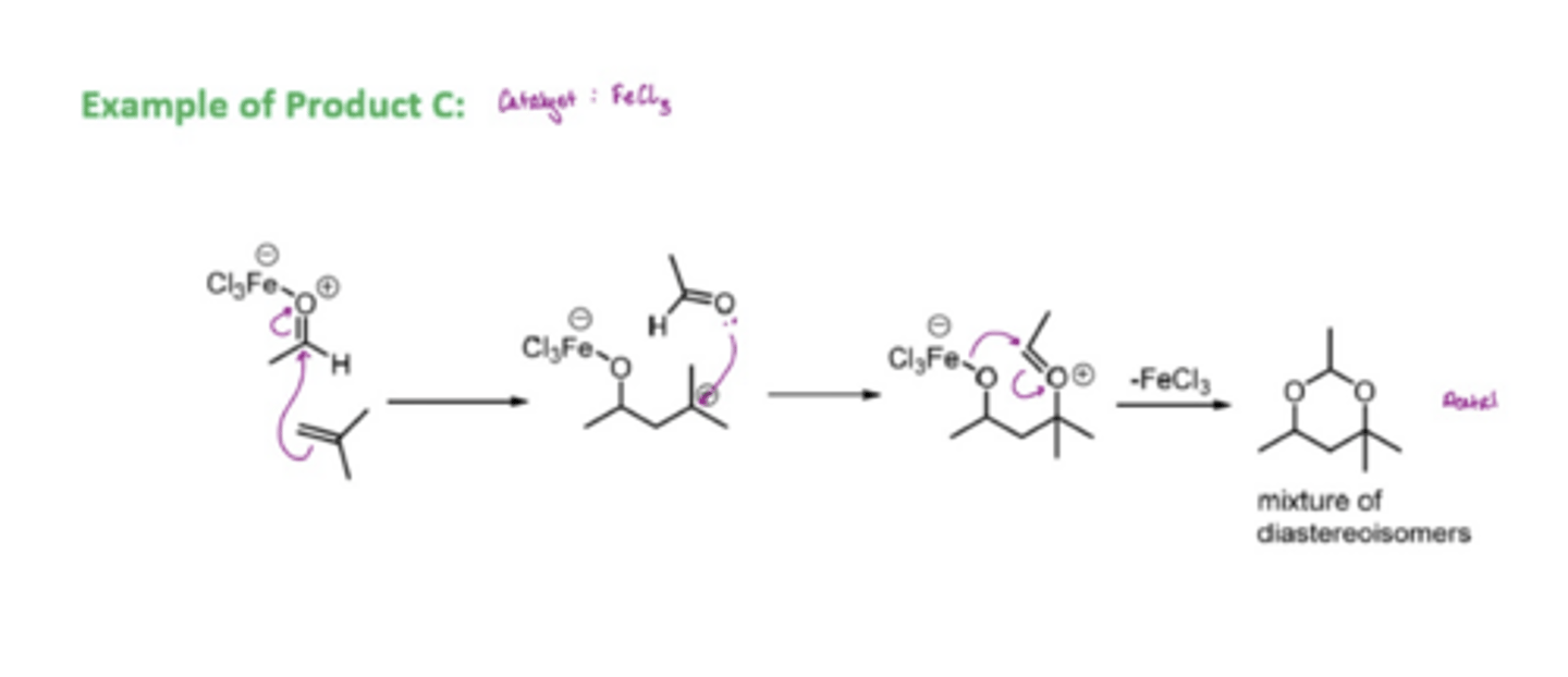 <p>an FeCl3 catalyst is used</p><p>forms a mixture of diastereoisomers of acetal molecules</p>