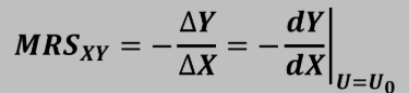<ul><li><p>The rate at which the consumer is willing to substitute one good for the other.</p></li><li><p>slope of the indifference curve</p></li><li><p>max amount of Y that a consumer is willing to give up to get an additional unit of X, while maintaining the same level of</p><p>utility.</p></li><li><p>“psychic rate of tradeoff”</p></li></ul><p></p>