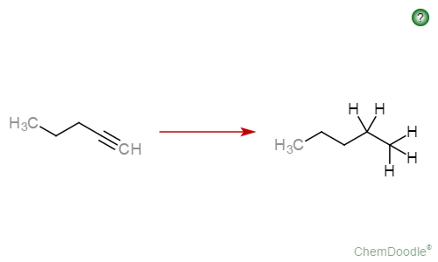 <p>alkyne + H2 --&gt; alkane</p><p>carbocation formation? no</p><p>rearrangement? no</p><p>regiochem? no</p><p>stereochem? no</p>