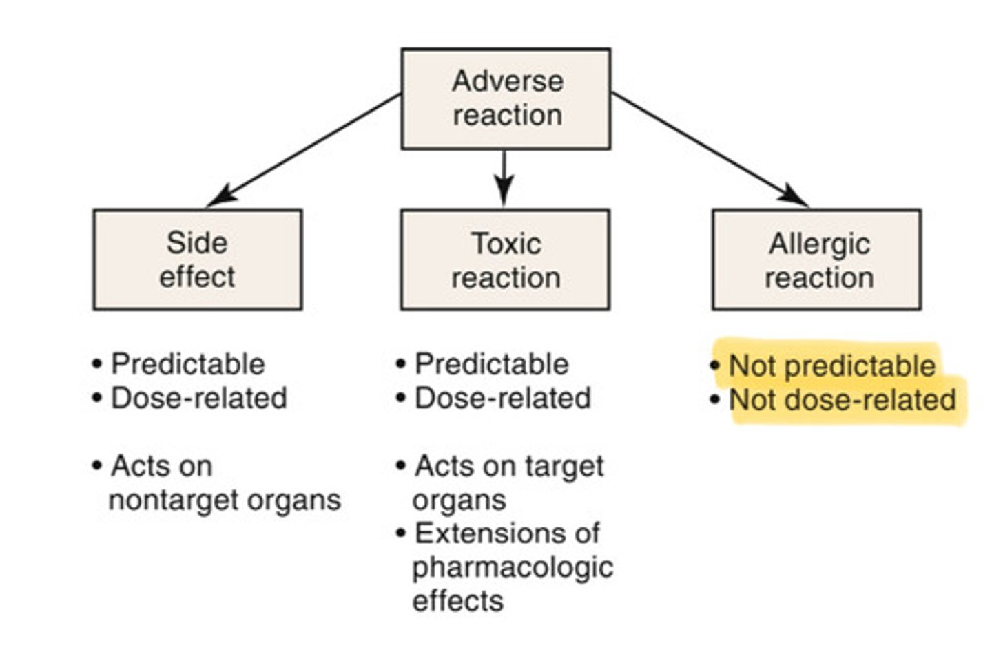 <p>not predictable, not dose-related</p>