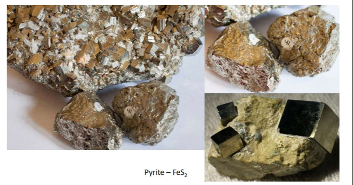 <p>FeS_2     Dense opaque mineral. silver grey to brassy yellow. Metllic lustre. harder than most opaque minerals. Striations often. </p>
