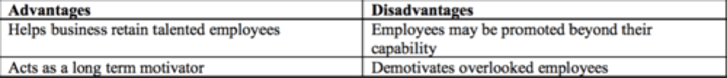 <p>involves promoting employees to positions that include more responsibility or authority. Motivates by meeting the desire for remuneration, and giving employees job experience as well as status. Can take the form of;</p><p>- Job enlargement: making a job bigger or more challenging by combing various operations at a similar level</p><p>- Job enrichment: making a job more challenging so workers are required to use their full capabilities and gain personal growth</p><p>- Job rotation: workers are moved between different jobs to increase variety of work</p>
