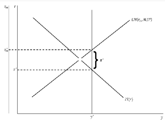 <ul><li><p>LM plotted against rm and depends on real money supply</p></li><li><p>IS depends on real interest rate r</p></li><li><p>vertical gap between rm and r measures the inflation rate at income level y*</p></li></ul><p></p>