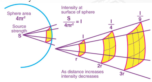 <p>Light loses its brightness or luminosity as it moves away from the source.</p>