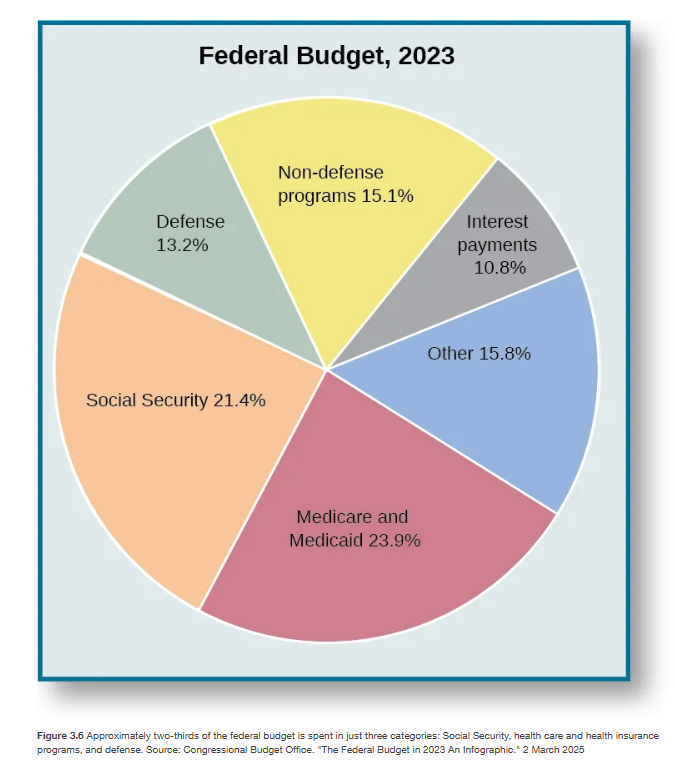 <p><span>A good starting point to gain insight on this question as it relates to the federal government is Article I, Section 8, of the Constitution. </span></p><p></p><p><span>Recall, for instance, that the Constitution assigns the federal government various powers that allow it to affect the nation as a whole. </span></p><p></p><p><span>A look at the federal budget in 2023 (</span>Figure 3.6<span>) shows that the three largest spending categories were Social Security (22 percent of the total budget); Medicare, Medicaid, the Children’s Health Insurance Program, and marketplace subsidies under the Affordable Care Act (24 percent); and defense and international security assistance (13 percent). </span></p><p></p><p><span>The rest was divided among categories such as safety net programs (15 percent), including the Earned Income Tax Credit and Child Tax Credit, unemployment insurance, food stamps, and other low-income assistance programs; interest on federal debt (11 percent); and non-defense discretionary spending (15 percent).</span></p><p></p><p><span>It is clear from the 2023 federal budget that providing for the general welfare and national defense consumes much of the government’s resources—not just its revenue, but also its administrative capacity and labor power.</span></p>