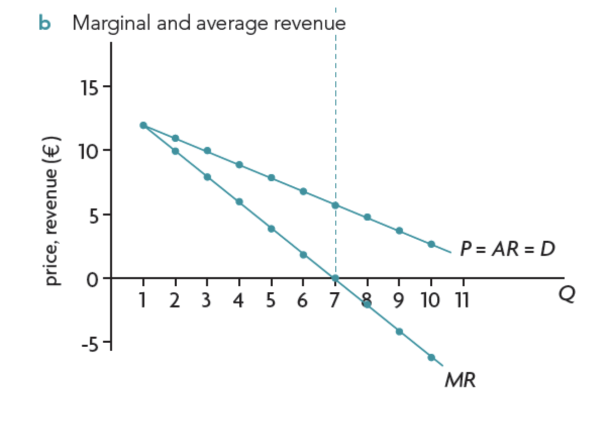<ul><li><p>MR is twice as steep as AR</p></li><li><p>MR is negative → firm is loosing revenue with each extra unit of output</p></li><li><p>when MR = 0 TR is at maximum</p></li></ul><p></p>
