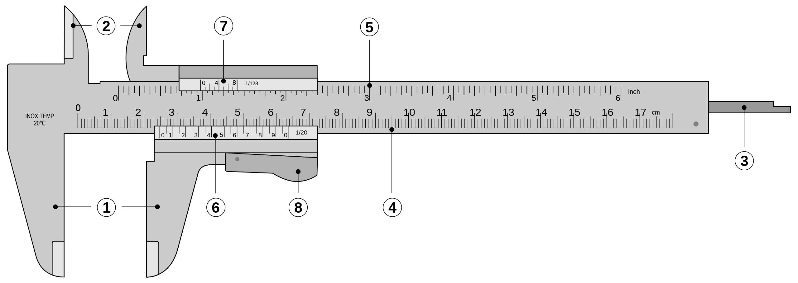 consists of an L- shaped frame with a linear scale along its longer arm and an L-shaped sliding attachment
with a Vernier, used to read directly the
dimension of an object.