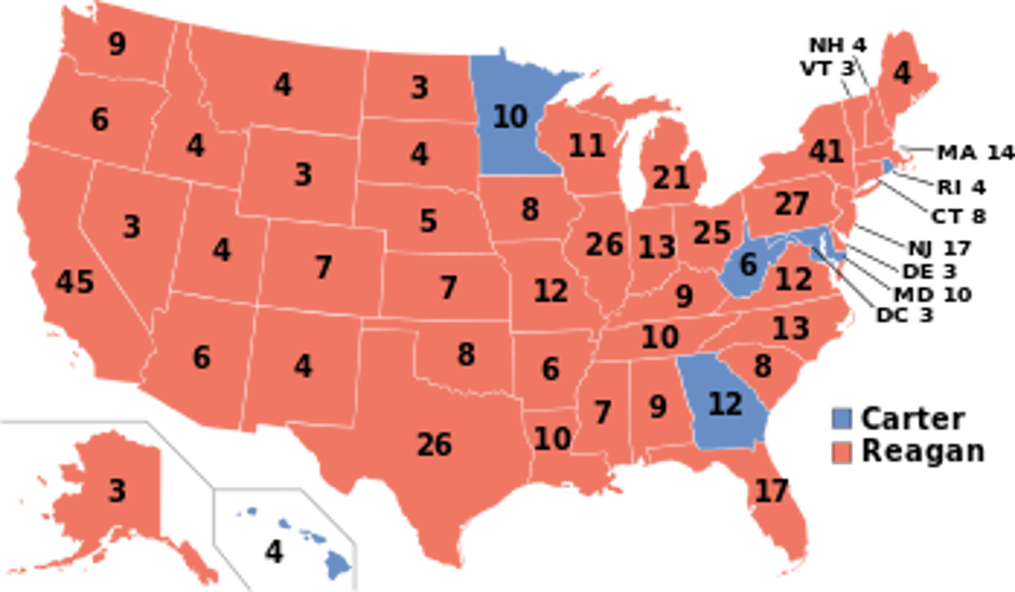 <p>Period 9<br>1980<br>United States presidential election was the 49th presidential election. Republican nominee Ronald Reagan defeated incumbent Democrat Jimmy Carter.</p>