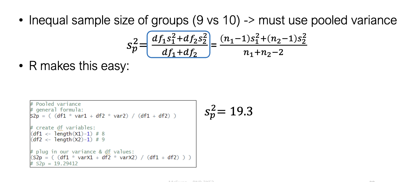 <ul><li><p>Sample sizes unequal (n=9 vs n=10).</p></li><li><p>Variances similar (ratio &lt; 4).</p></li><li><p>Rule: with unequal n and similar variances → <strong>must pool</strong>.</p></li></ul><p></p>