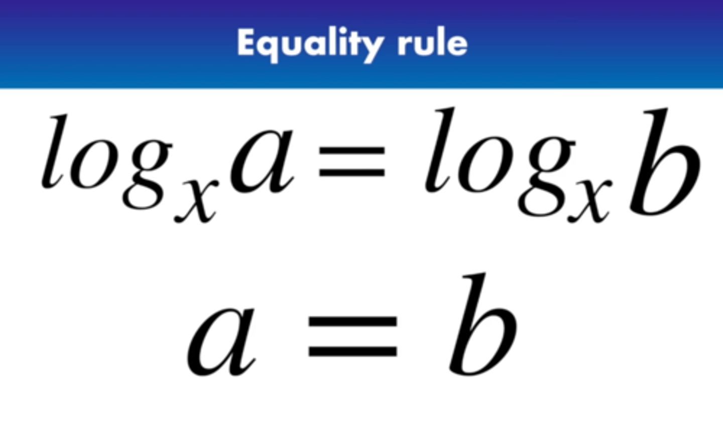 <p>if you have two logarithms with the same base that are equivalent, then what is inside the logarithms are equivalent to each other</p>