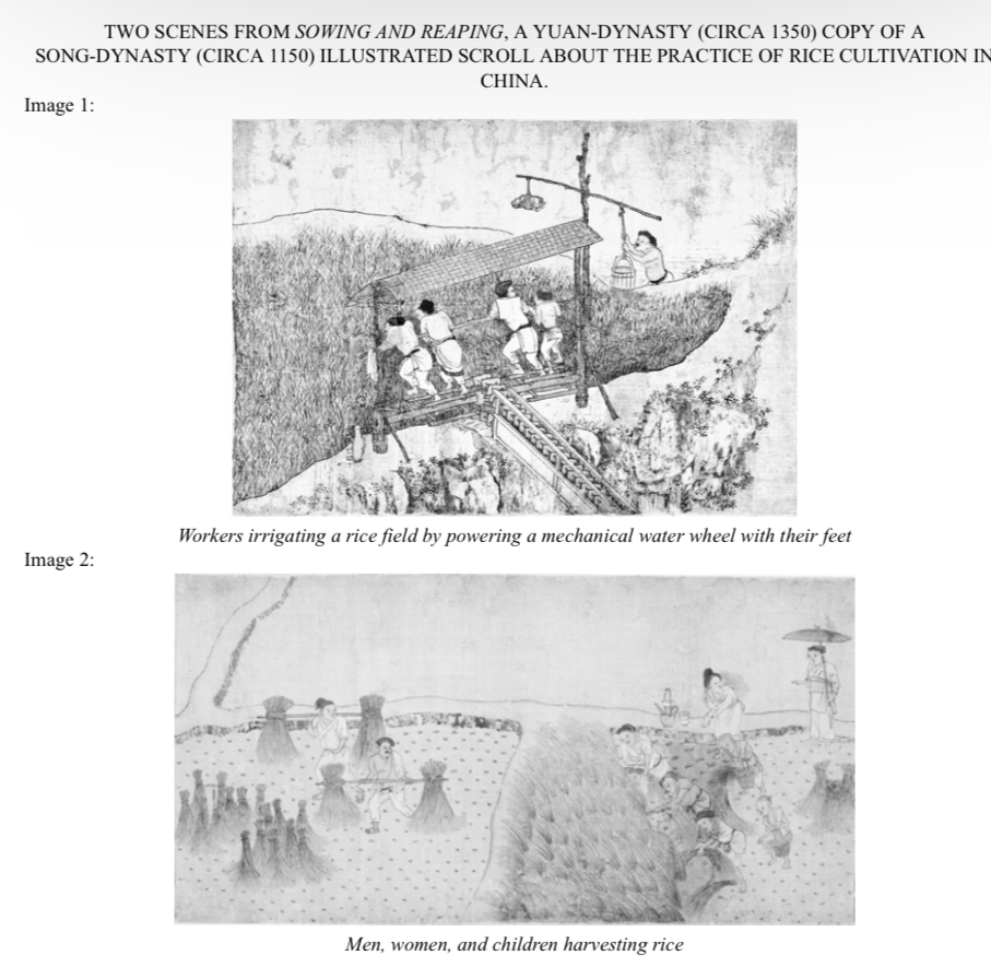 <p>Image 1 best illustrates which of the following features of the Chinese economy in the period 1200 to 1450 ?</p><p>A. Technological innovations increased agricultural yields.</p><p>B. The government sponsored land reforms.</p><p>C. Confucian policies guided the way agrarian labor was performed.</p><p>D. Improvements in manufacturing techniques resulted in increased handicraft production.</p>