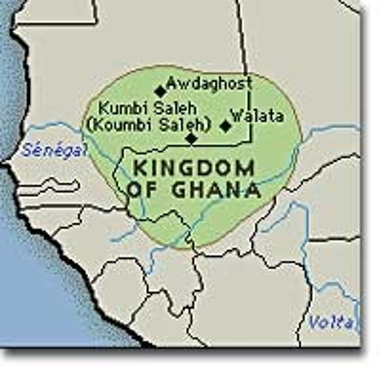 <p>First of the great medieval trading empires of western Africa (7th - 13th century). Located in what is now southeastern Mauritania and part of Mali, it acted as intermediary between Arab and Berber salt traders to the north and gold and ivory producers to the south.</p>