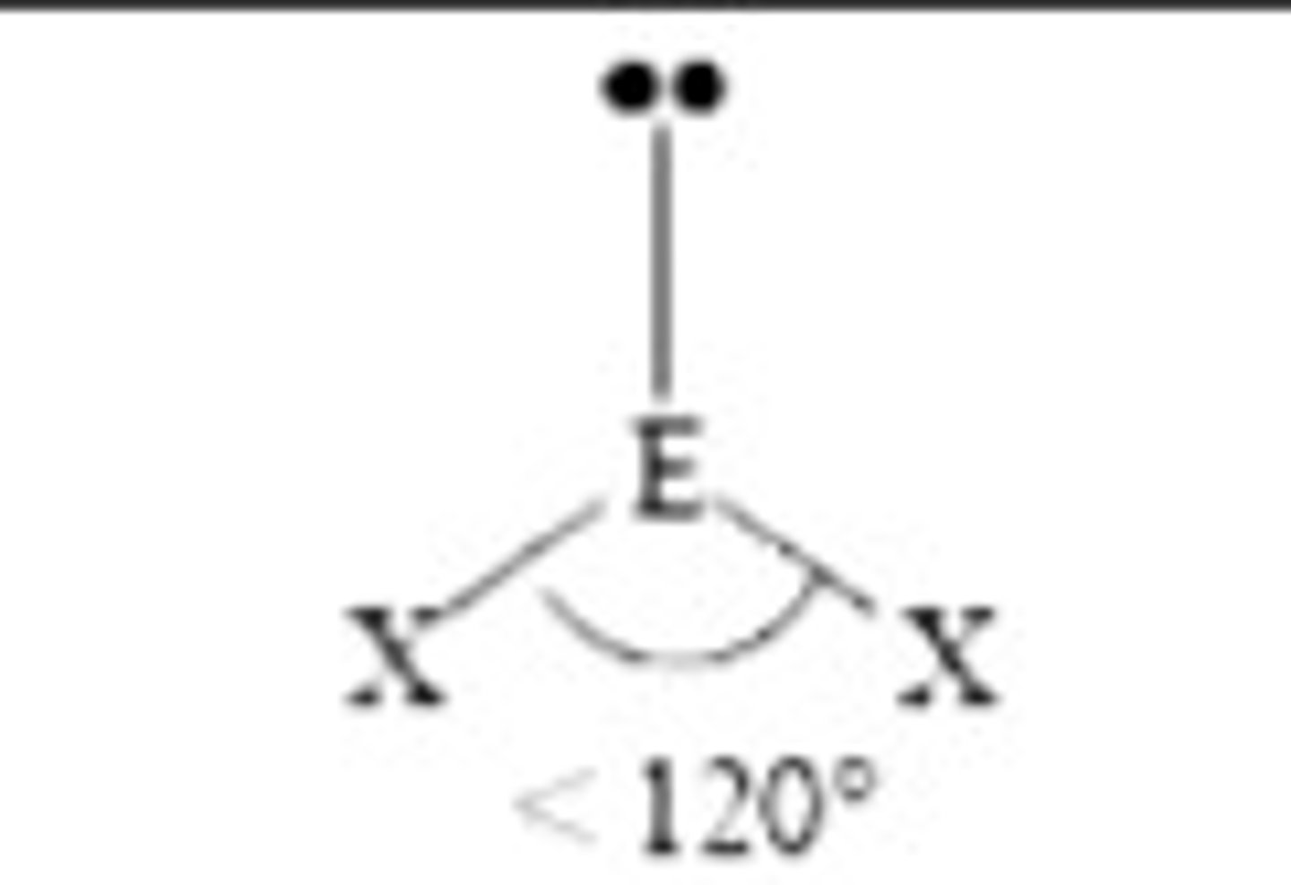 <p>- Central atom with three electron pairs<br><br>- One lone pair<br><br>- sp² hybridization<br><br>- 120° bond angle<br><br>- Ex. SO₂</p>