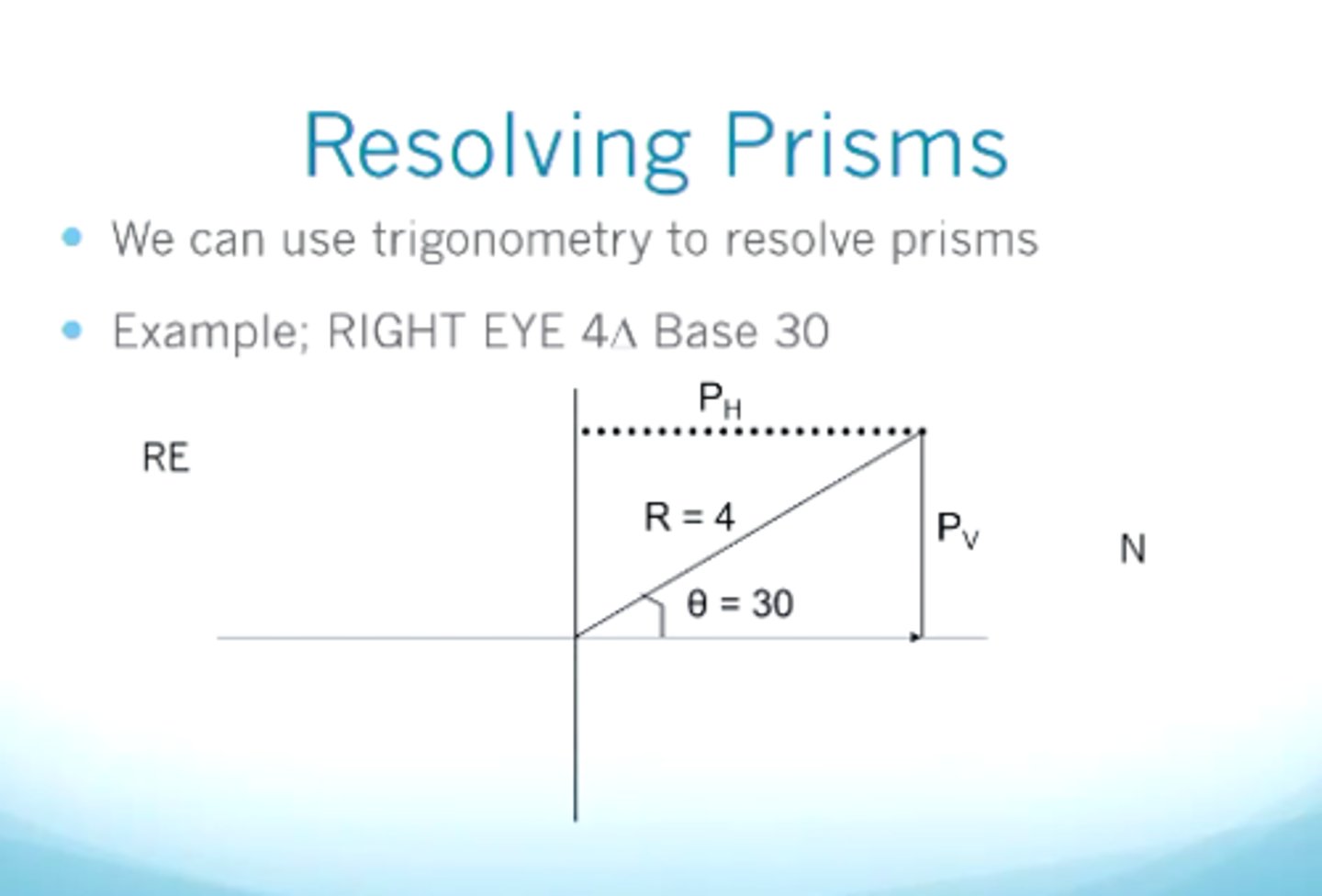 <p>1. use trig<br>2. draw cross again w/ degrees, N, T, RE/LE, PV,PH<br>3. find each side of triangle (prism amount) by using SohCahToa<br>4. write with prism dioptre and direction (base IN, OUT, UP, DOWN)</p>