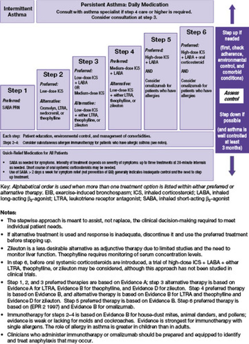 <p>The Correct Answer is: D</p><p>Asthma management follows a stepwise approach, which is based upon medication action, disease progression, and patient compliance. It also involves determining the asthma classification of the patient, as well as previous response to medications. This approach also incorporates patient education, environmental control, and comorbidity management</p>