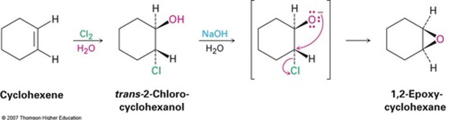 <p>occurs via an internal SN2 mechanism</p><p>configuration is conserved</p><p>can only occur in basic conditions</p>