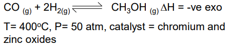 <ul><li><p>Low temp gives good yield but slow rate</p></li><li><p>High pressure gives slightly better yield and high rate, but too high pressure leads to high energy costs for pumps to produce the pressure</p></li></ul><p></p>
