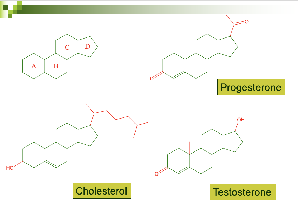 all steroids have the same basic structure, contains 4 rings

* 3 **cyclohexanes** and 1 **cyclopentane**
* variations occur in the substituents at particular sites giving rise to dif compounds:
  * cholesterol
    * progesterone - main female sex hormone (has 1 ketone)
    * testosterone - male sex hormone (has 1 alcohol)

    both derived from cholesterol (recognize that its a steroid)