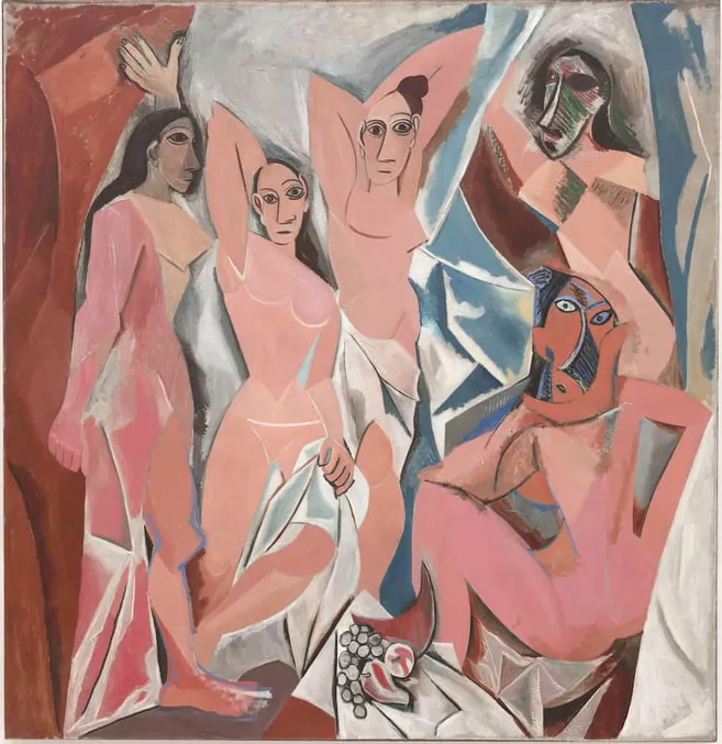 <ul><li><p><strong>ID:</strong> Pablo Picasso, 1907 CE, Oil on canvas, France</p></li><li><p><strong>Content:</strong> Five women with distorted, angular faces, inspired by African masks.</p></li><li><p><strong>Function:</strong> Revolutionizes form and perspective, rejecting realism.</p></li><li><p><strong>Context:</strong> Proto-Cubist, influenced by African art and Iberian sculpture.</p></li><li><p><strong>Form:</strong> Fractured planes, harsh lines, distorted bodies.</p></li></ul><p></p>