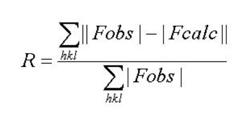 <p>R measures the agreement between observed structure amplitude and calculated (model) structure amplitude </p><p>small R = good model</p><p>large R = bad model </p>