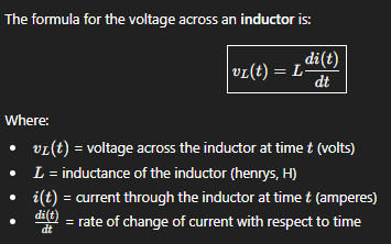 <ul><li><p>voltage is proportional to how fast the current changes (hence the derivative of current being in the formula) </p></li></ul><p></p>