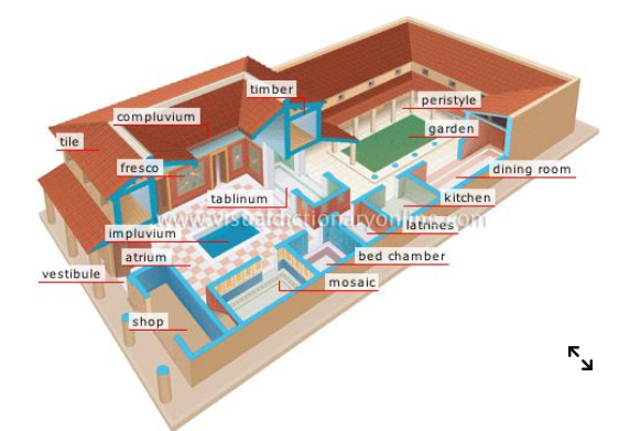 <p>1: Compluvium (brings rainwater to impluvium), 2: Fresco, 3: Talinum (office for Roman man), 4: Impluvium (pool!), 5: Atrium (open area), 6: Vestibule (empty place between the door of domus and street), 7: Shop, 8: Peristyle (porch surrounding the courtyard), 9: Garden</p>