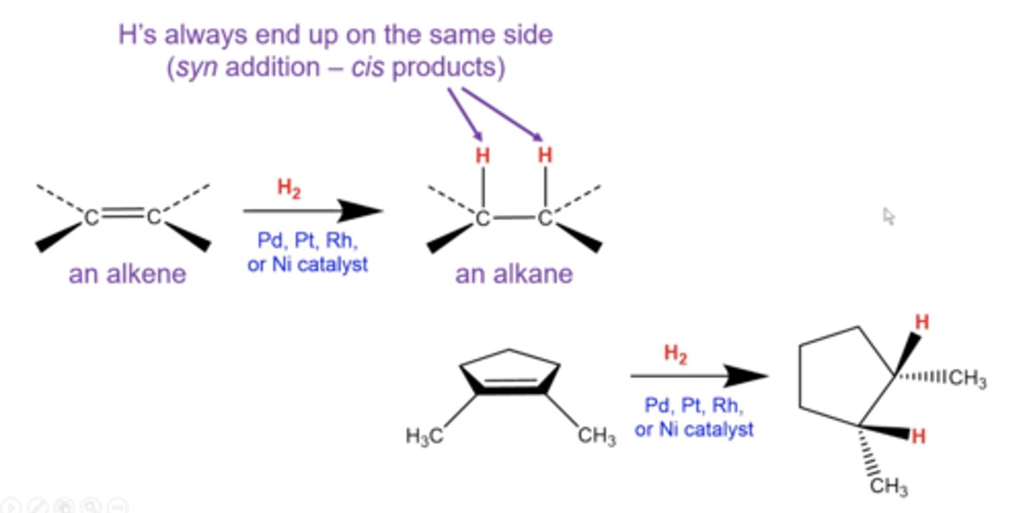 <p>you perform catalytic hydrogenation of alkenes:</p><p>alkenes get converted into alkanes, with 2 hydrogens be added on the SAME SIDE (cis)</p>