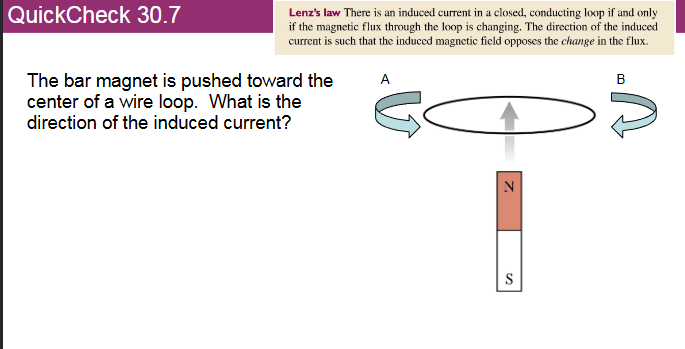 <p><span style=""><span>The bar magnet is pushed toward the<br>center of a wire loop. What is the<br>direction of the induced current?</span></span></p>
