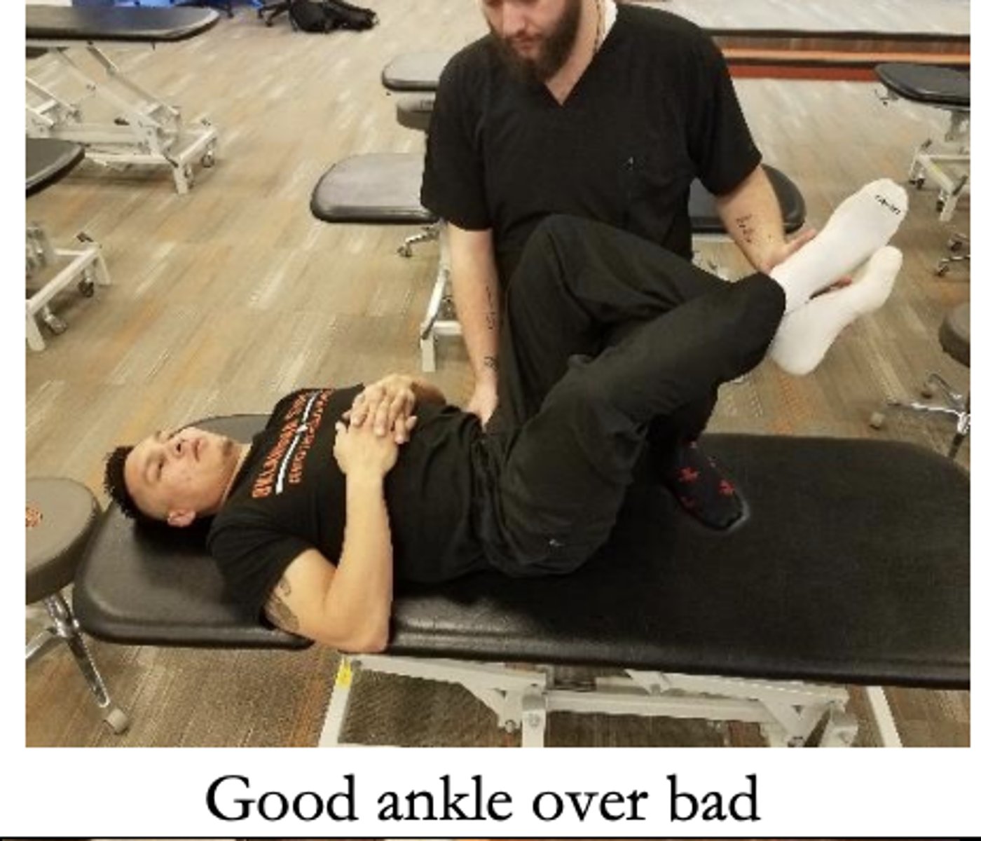 <p>F ER</p><p>Frog legs, cross good ankle over bad ankle</p>
