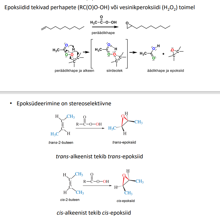 <p>tekib epoksiid. phm loe kokku eelnevalt süsinikud ja pärast süsinikud. C arv peab jääma samaks.</p><p>NB! trans-alkeenist tekib trans-epoksiid ja cis-alkeenist tekib cis-epoksiid!</p>